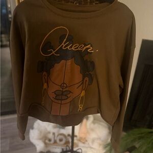 Legendary Rootz “Queen” Sweatshirt L | Afrocentric Crop Graphic Olive Brown